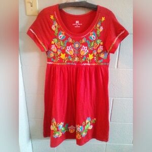 South Main: Red Short-Sleeved Dress with Embroidered Flowers - Size Small